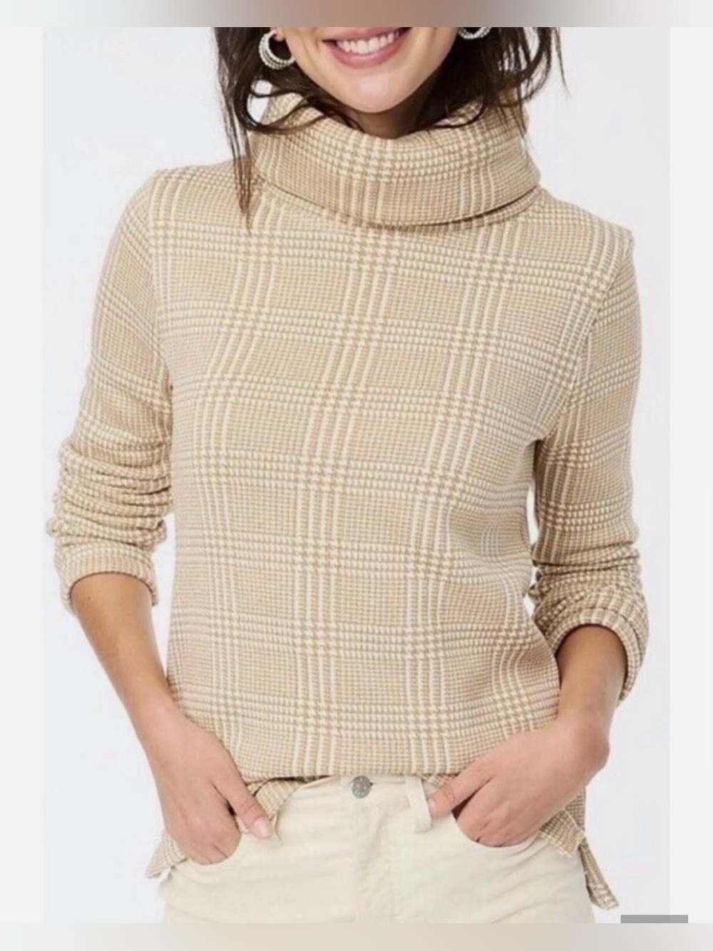 J. Crew Mercantile Tan Glen Plaid Funnelneck Pullover Fleece Sweater M